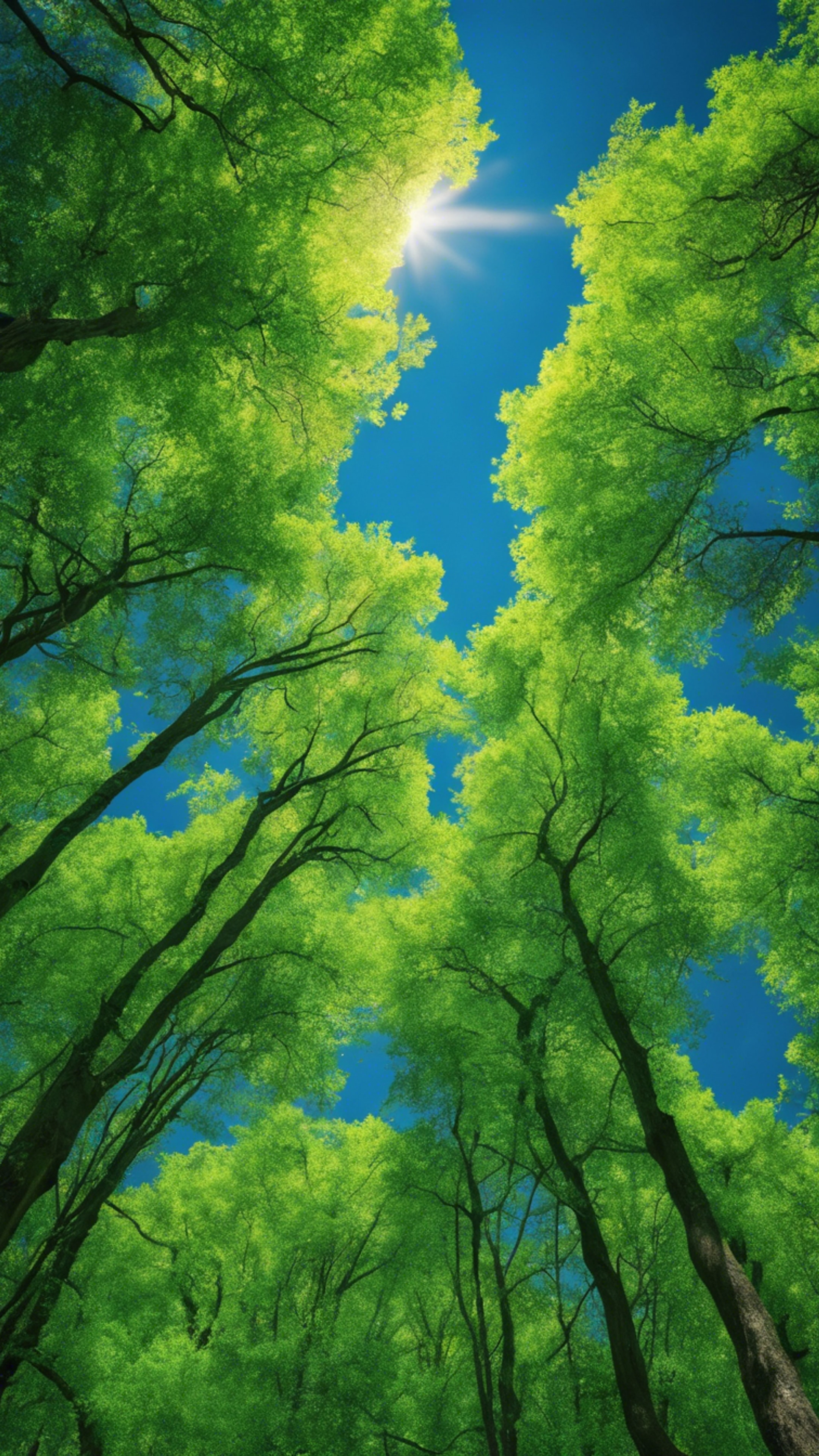 A vibrant green forest under a deep blue sky. Behang[dfb81149561043a7a18e]