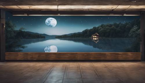 A mural on a building wall showing a serene moonlit lake scene.