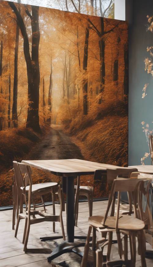 Ein zarter und milder Herbstwald, dargestellt auf einem Wandgemälde an der Seite eines Cafés.