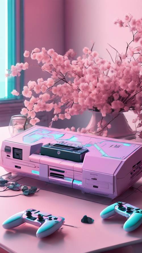 햇빛이 잘 드는 방에 있는 부드러운 색상의 꽃 옆에 있는 흰색 테이블 위에 파스텔 색상의 게임 콘솔이 있습니다.