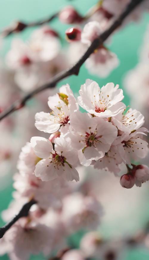Gambar indah bunga sakura bermekaran dengan latar belakang hijau muda