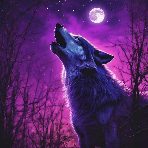 Una espectacular pintura al óleo de un lobo de color púrpura intenso aullando bajo la luna llena.