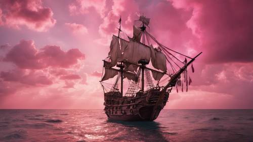 Ein Bild, das ein berüchtigtes Piratenschiff unter rosa Wolken zeigt.