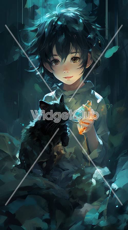 Boy with a Black Cat Holding a Glowing Fish