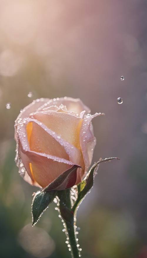 剛開始綻放的玫瑰花蕾，沾滿了晨露。