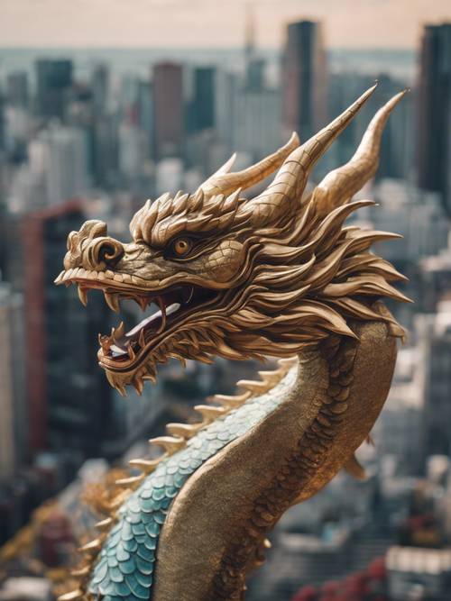 A Japanese dragon gliding through the skyline in a bustling city.