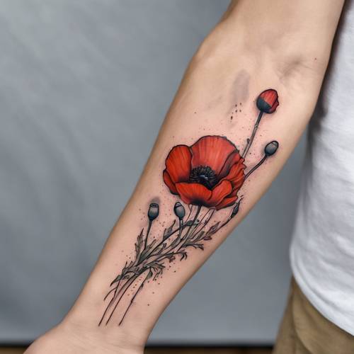 A poppy tattoo spread across a strong forearm depicting strength and resilience.
