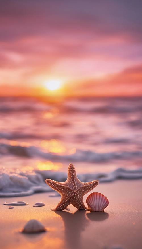 Khung cảnh bãi biển thanh bình, những con sao biển và vỏ sò rải rác trên bãi cát dưới ánh hoàng hôn màu hồng và cam.