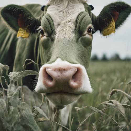 Un primo piano di una mucca verde salvia con macchie bianche uniche che mastica pacificamente un gambo d&#39;erba.