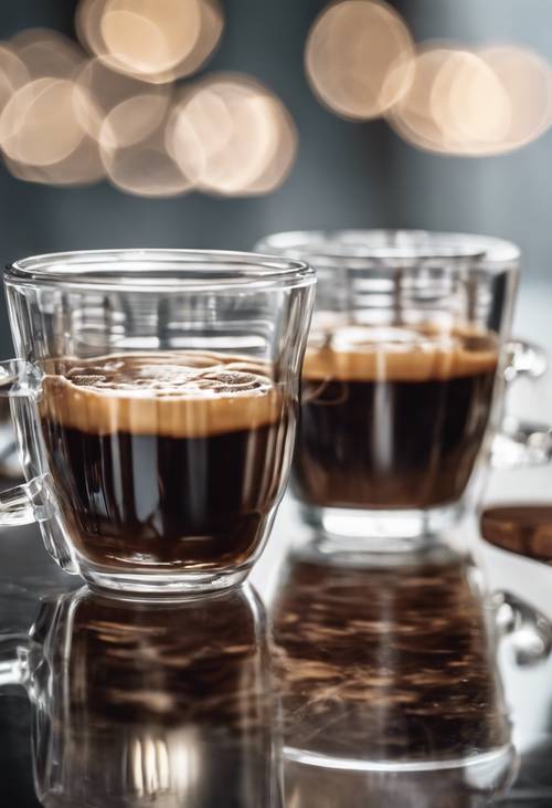 Um trio de xícaras de café de vidro transparente cheias de diferentes camadas de uma bebida de café.