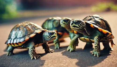 Un grupo de tortugas coloridas marchando en un desfile, celebrando el día de la tortuga.