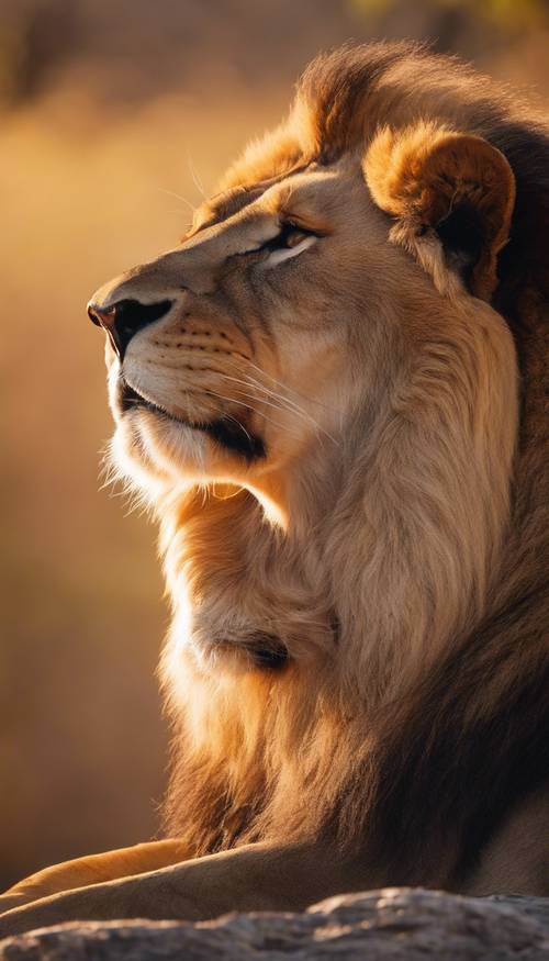 Um majestoso leão deitado sobre um afloramento rochoso, envolto em fumaça branca sob o pôr do sol dourado.