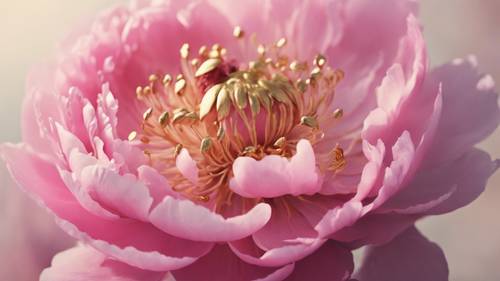 Bunga peony merah muda yang subur berkibar dengan kelopak bertabur emas ditiup angin musim panas.