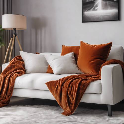 Un coussin en velours orange foncé sur un canapé blanc simpliste.