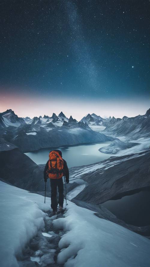 A lone explorer trekking across icy glaciers under the mesmerizing beauty of the starlit night.