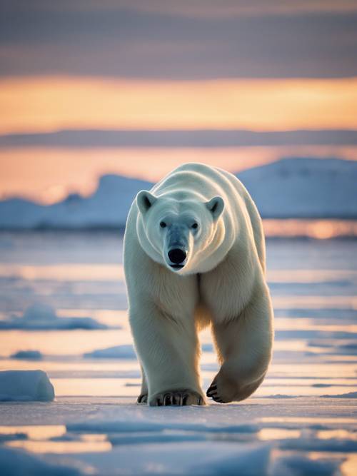一隻體型巨大的北極熊，在午夜的陽光下威嚴地在浮冰上漫步。