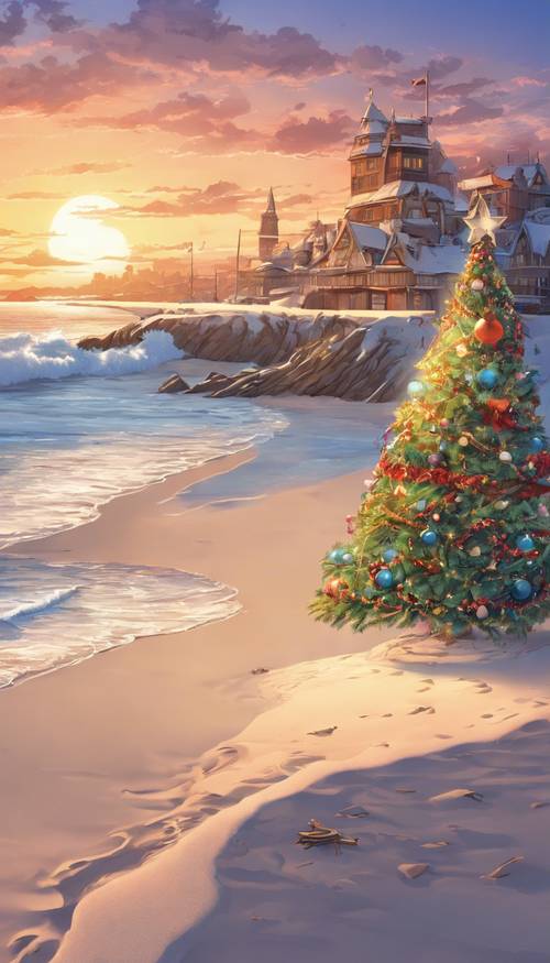 Imagem em estilo anime de uma praia de inverno, com uma árvore de Natal construída na areia destacada por um lindo pôr do sol.