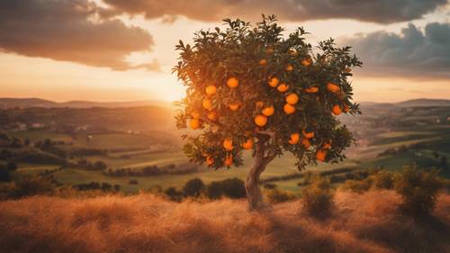 風景如畫的山上有一棵橘子樹，沐浴在夕陽的光芒中。