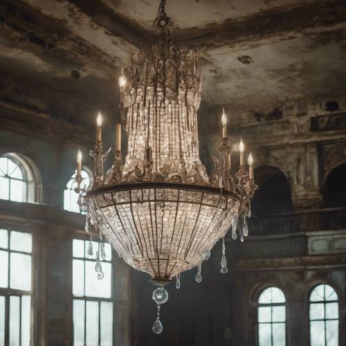 Một chiếc đèn chùm cổ điển lấp lánh treo trong phòng khiêu vũ bị bỏ hoang