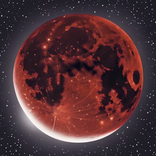 A lunar eclipse where the moon is a rich, deep red, against a darkened sky filled with stars.