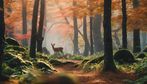 Pemandangan hutan Jepang yang semarak, dipenuhi satwa liar seperti burung dan rusa.
