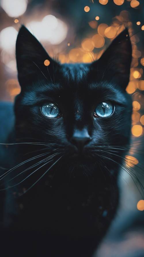 A black cat with eyes sparkling like black glitter, giving a mysterious and magical appearance.