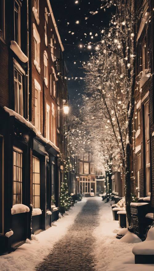 Un barrio tranquilo de Ámsterdam durante una noche nevada de invierno con brillantes luces navideñas.