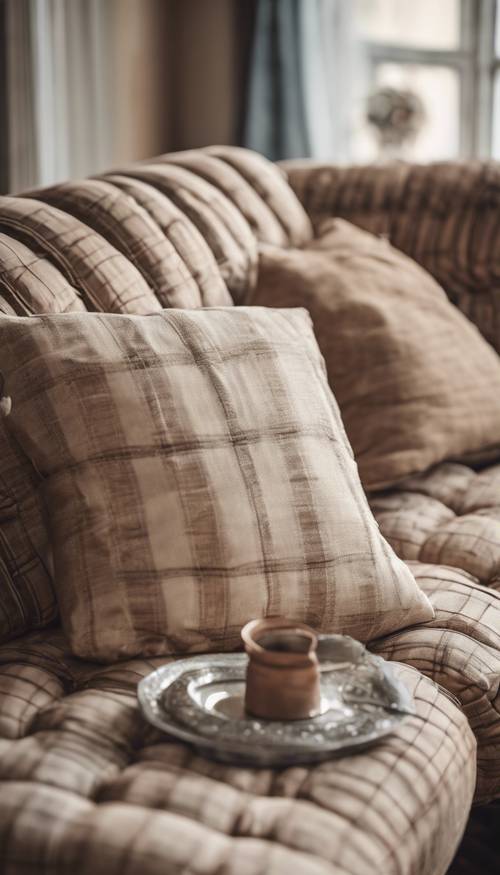 Zestaw w stylu shabby chic z poduszkami na jasnobrązowej sofie w kratę.