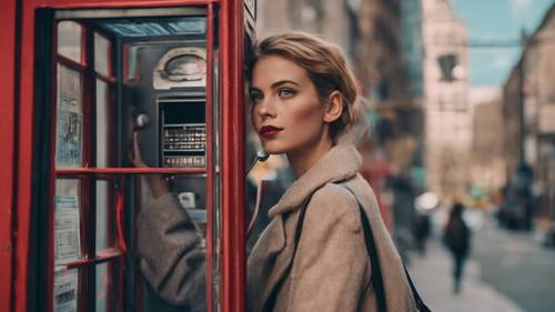 A sassy-chic 90s girl at a telephone booth, engaged in animated gossip.