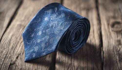 Classic blue silk tie with dapper pattern lying flat on a worn out vintage wooden table.