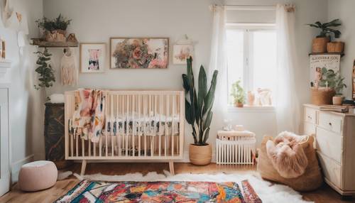 Kamar bayi boho yang nyaman dengan seni dinding yang unik dan permadani berwarna-warni