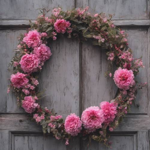 Una corona di vivaci fiori rosa su una porta grigia esposta alle intemperie