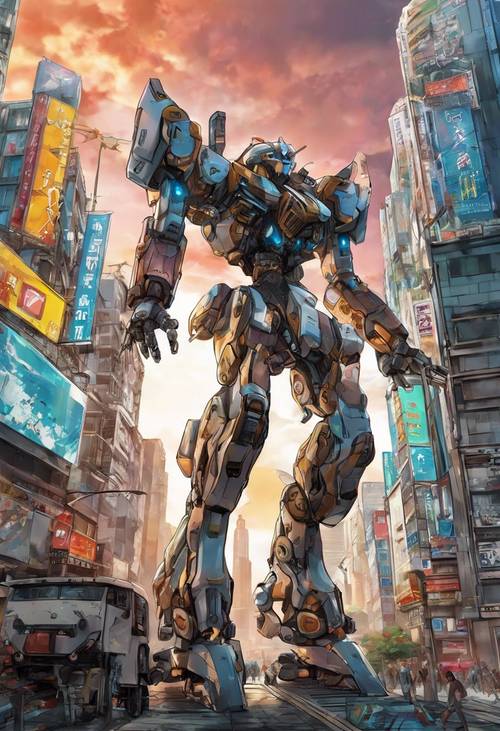 Anime-style mecha robot in a bustling cityscape, launching missiles in mid-air. Tapeta [1c0f43dbb9354fdc9389]