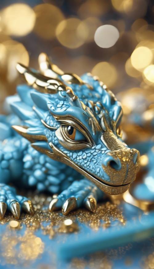 A small, cute baby blue dragon sleeping on a pile of glittering gold.