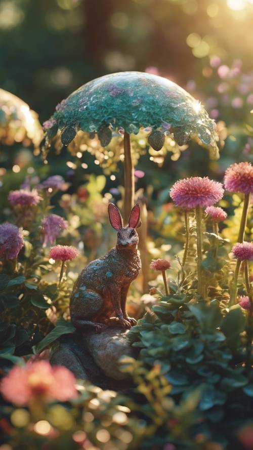 Um jardim extravagante repleto de criaturas mágicas, contendo plantas que florescem com flores semelhantes a pedras preciosas sob a carícia do sol poente.
