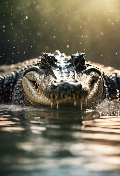 一只鳄鱼跳入清澈的水中，溅起一片水花。