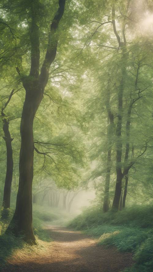 Yumuşak sabah ışığında sakin bir orman açıklığı, tamamı pastel yeşil tonlarıyla renklendirilmiş.