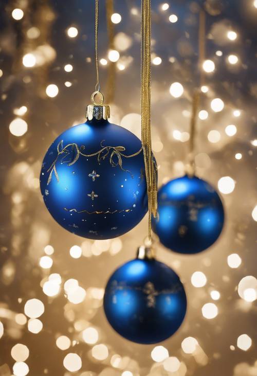 Serie de bolas navideñas azules colocadas sobre una cuerda dorada