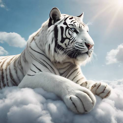 Surrealistic view of a giant white tiger calmly resting on fluffy clouds in the sky.