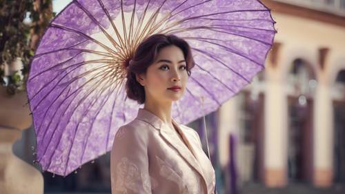在陽光明媚的午後，一位優雅的女士撐著一把絲綢紫色錦緞遮陽傘。