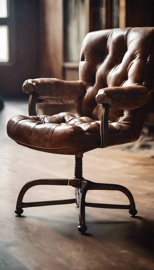 Uma cadeira vazia, antiquada, de couro marrom, com almofada xadrez.