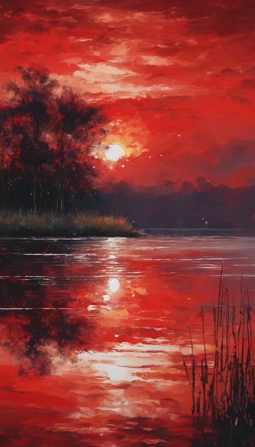 Des coups de pinceau intenses d&#39;un rouge vibrant représentent un coucher de soleil nuageux sur un lac calme sur une grande toile.