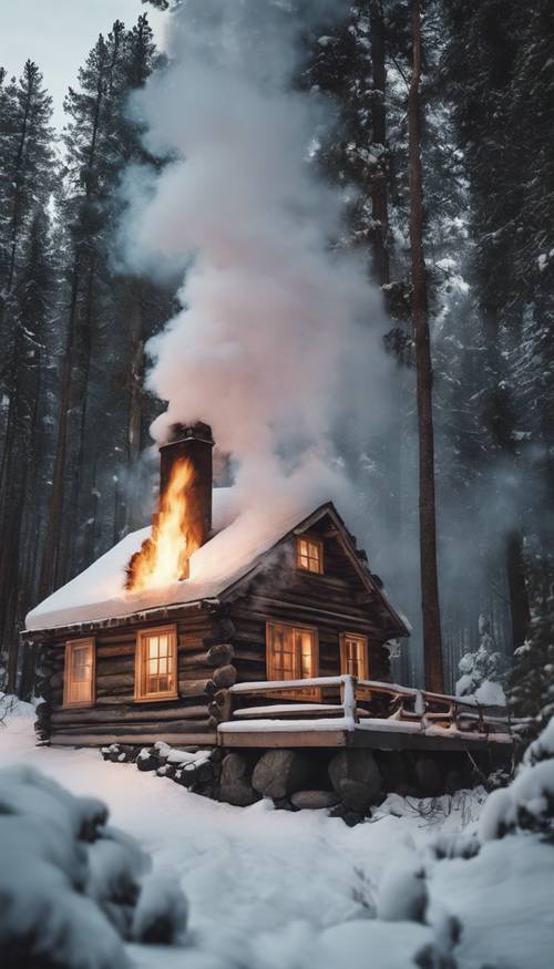 A rustic log cabin nestled in the middle of a snow-clad forest, smoke swirling out of its chimney, indicating a warm hearth inside.