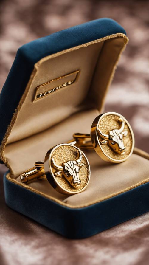 A pair of Taurus cufflinks, made of gold, resting on an elegant velvet box. Tapet [17b3066c4ad145fabd9c]