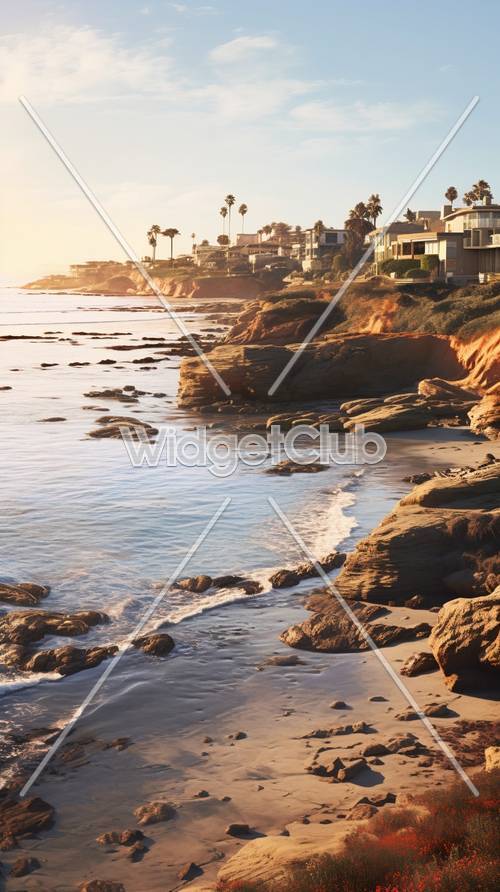 海邊懸崖和房屋的日落景觀