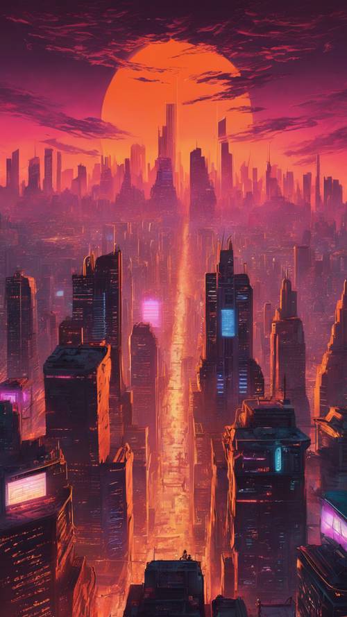 Раскинувшийся оранжевый городской пейзаж во вселенной киберпанка с высокой точки обзора.