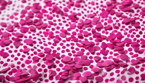 Pois rosa shocking di dimensioni irregolari, artisticamente sparsi su uno sfondo di seta bianca.