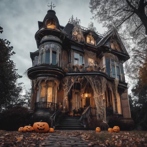 Stara wiktoriańska rezydencja, ozdobiona pajęczynami i niesamowitymi dekoracjami, czekająca na cukierek albo psikus w noc Halloween.