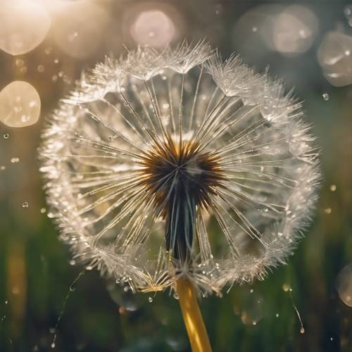 Close-up shot of morning dew glistening on petals of a dandelion.
