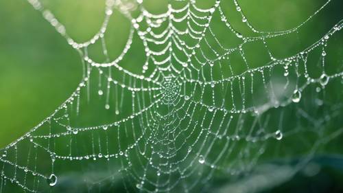 Uma imagem macro de gotas de orvalho verdes em uma teia de aranha, com uma citação sobre a beleza da natureza.